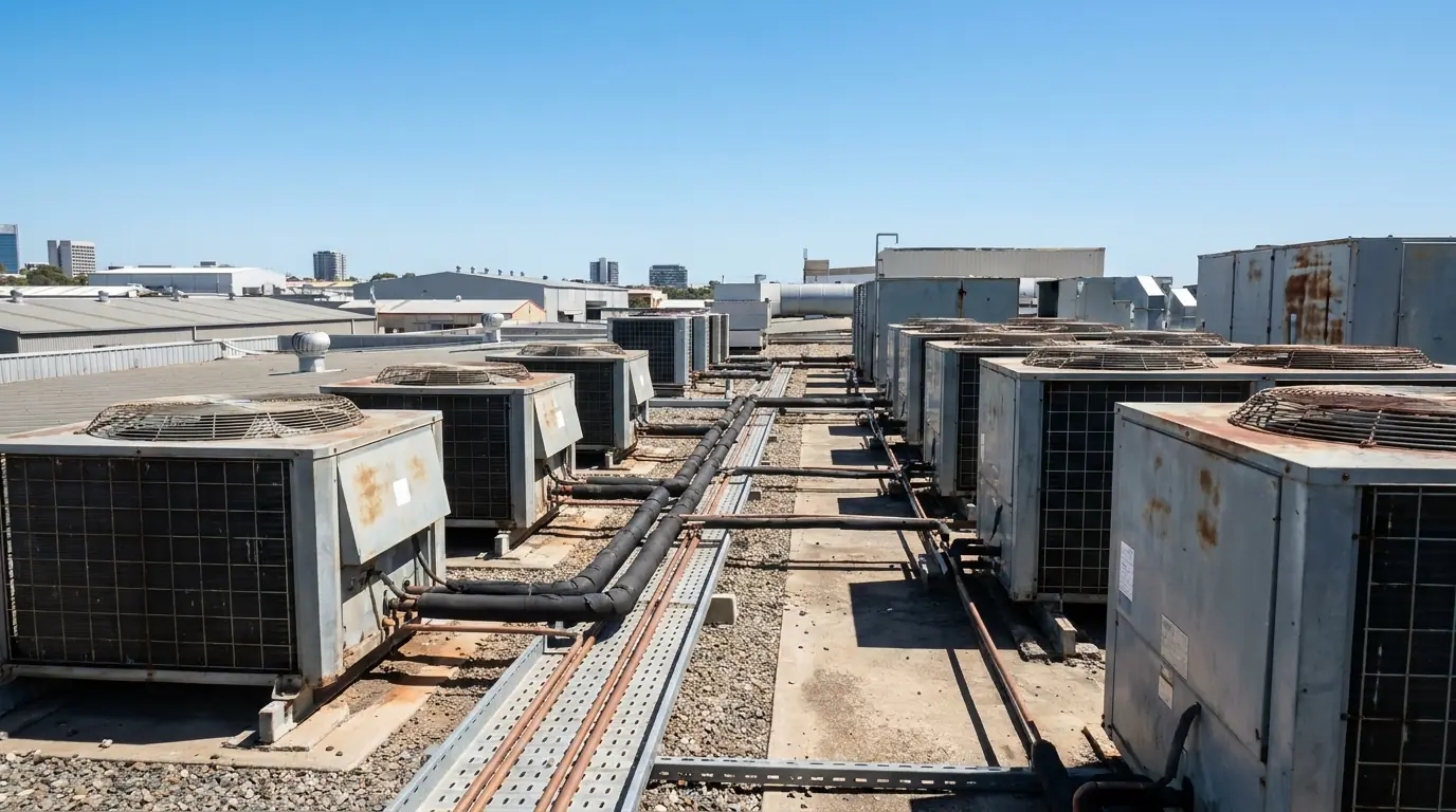 Row of refrigeration condensing units on an industrial roof under a clear sky