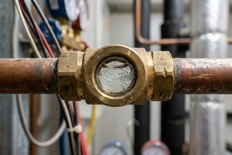Liquid line sight glass with bubbles showing in the refrigerant