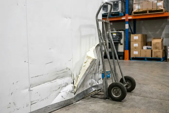 Dented cool room panel with its metal skin lifted at the floor, exposing foam