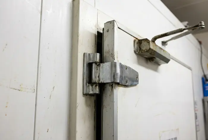 Worn hinge and door closer on a white walk-in cool room door