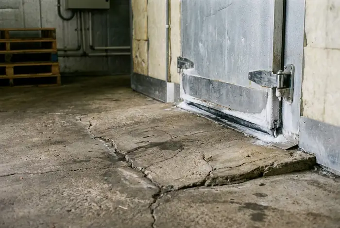 Cracked, sunken concrete floor at the doorway of an old freezer room