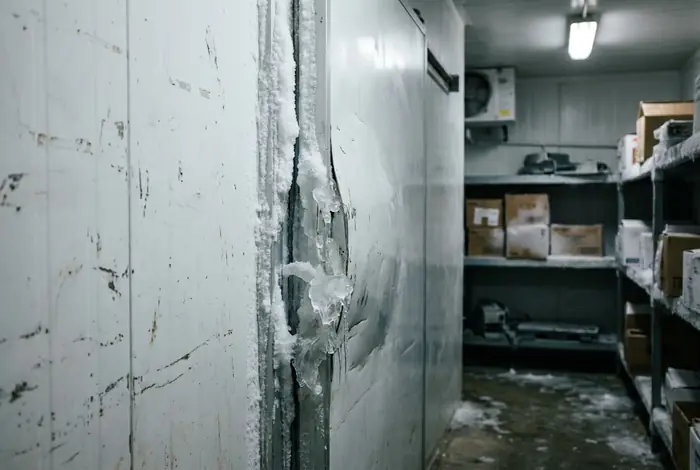 Frost and ice built up along a panel joint inside a walk-in freezer room