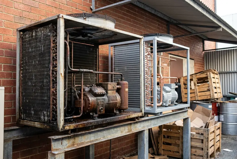 A corroded old condensing unit beside a clean new one on a steel stand behind a shop