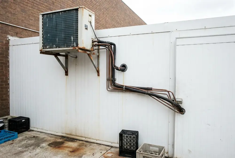 White panel walk-in cool room with its condensing unit on a wall bracket and copper pipework running into the room