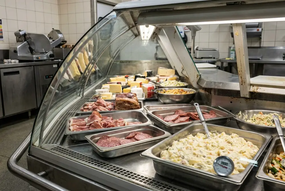 Deli serve-over counter with sliced meats, cheeses and salads, a probe thermometer in one tray