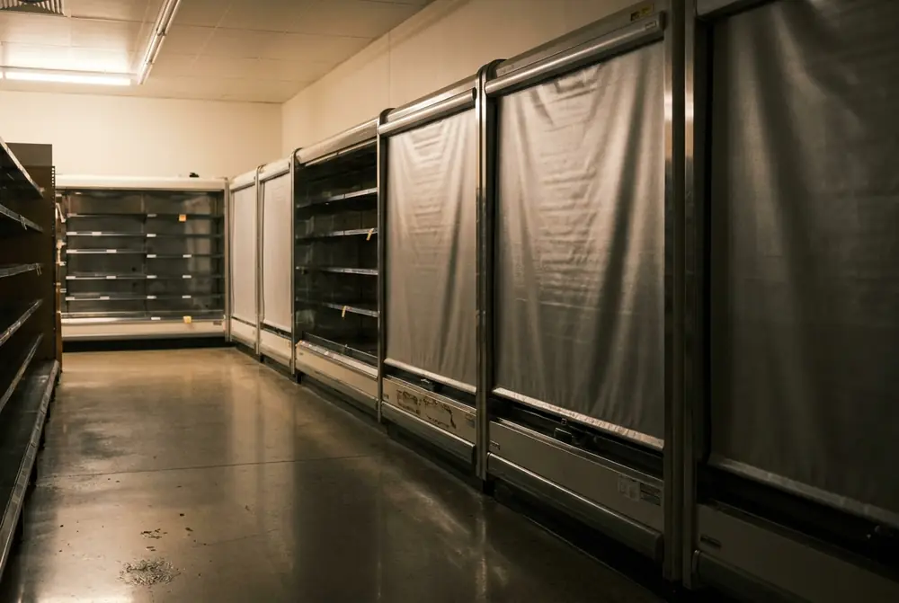 Row of open multideck cases with night blinds pulled down after the store has closed