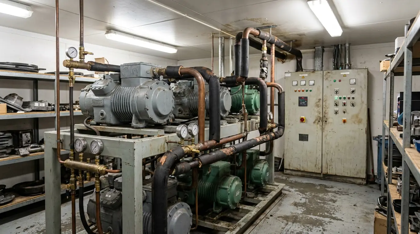Supermarket plant room with a compressor rack, insulated suction lines, gauges and a control panel