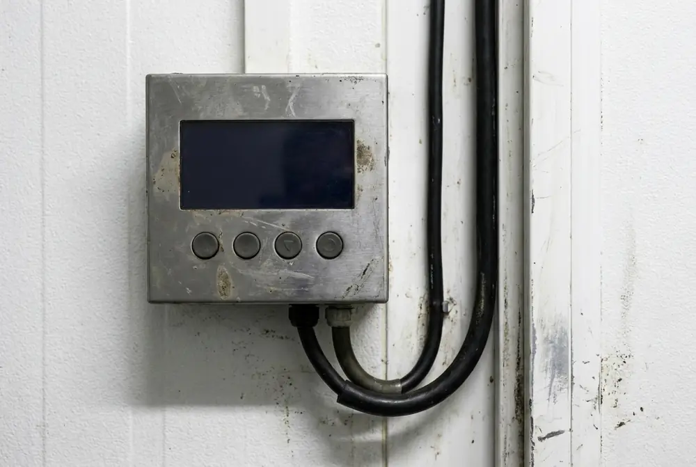 Small refrigeration temperature controller with four buttons mounted on a cool room wall
