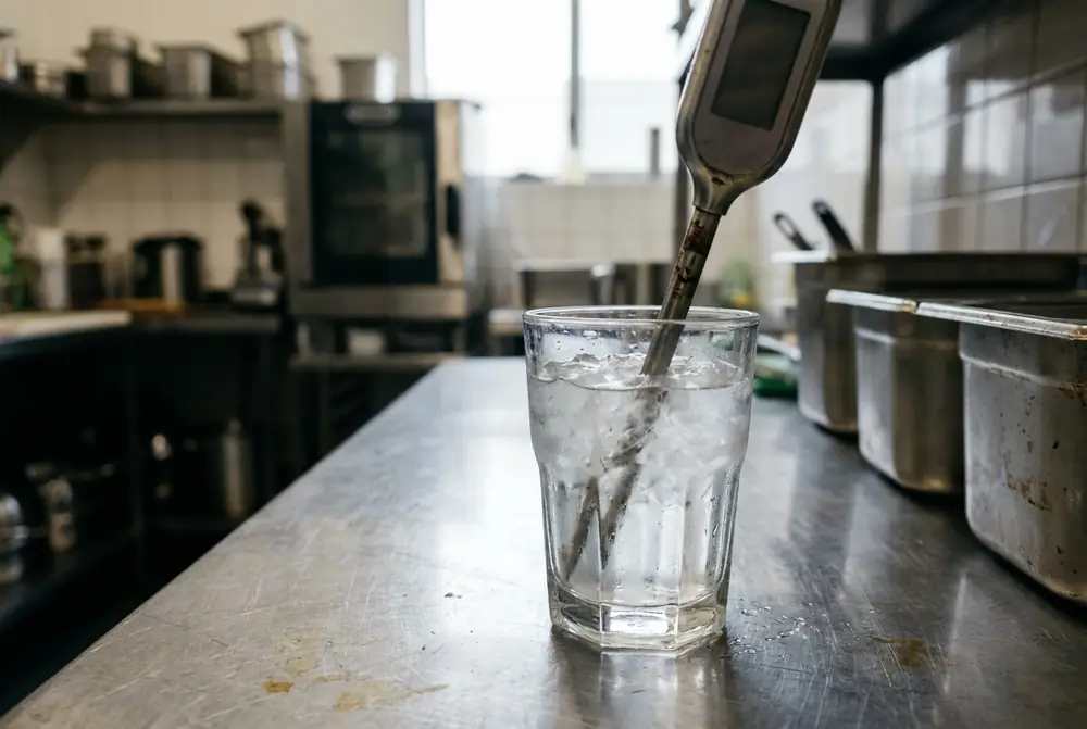Digital probe thermometer standing in a glass of crushed ice and water on a stainless bench