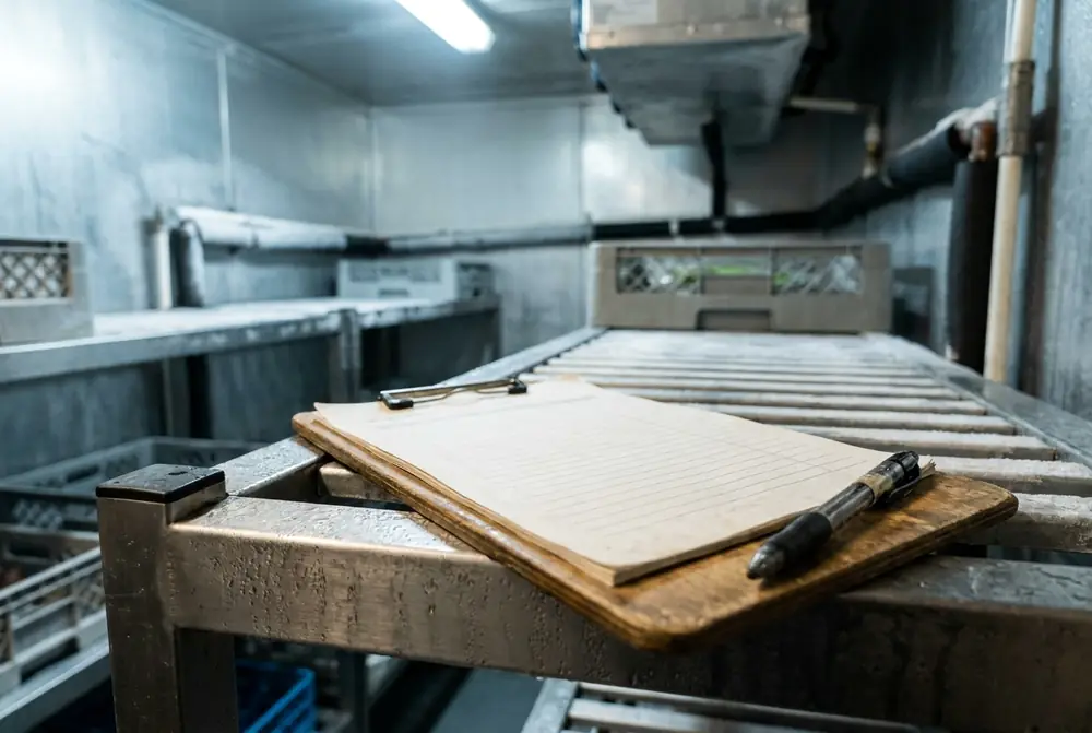 Clipboard with a ruled log sheet and a pen on a stainless shelf inside a cool room