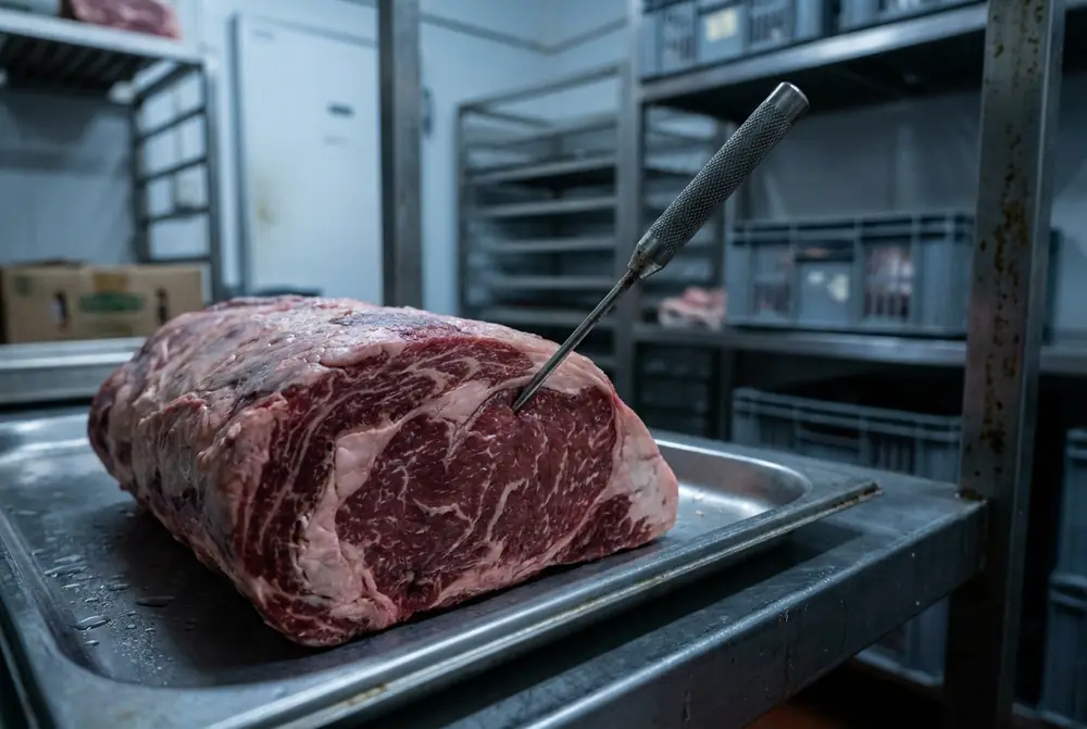Probe thermometer pushed into the thickest part of a raw beef roast on a tray