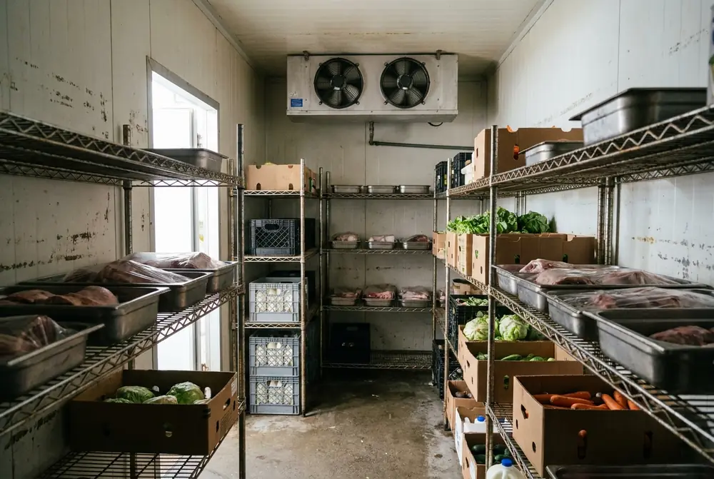 Walk-in cool room with produce, milk crates and meat trays on wire shelving below a ceiling evaporator