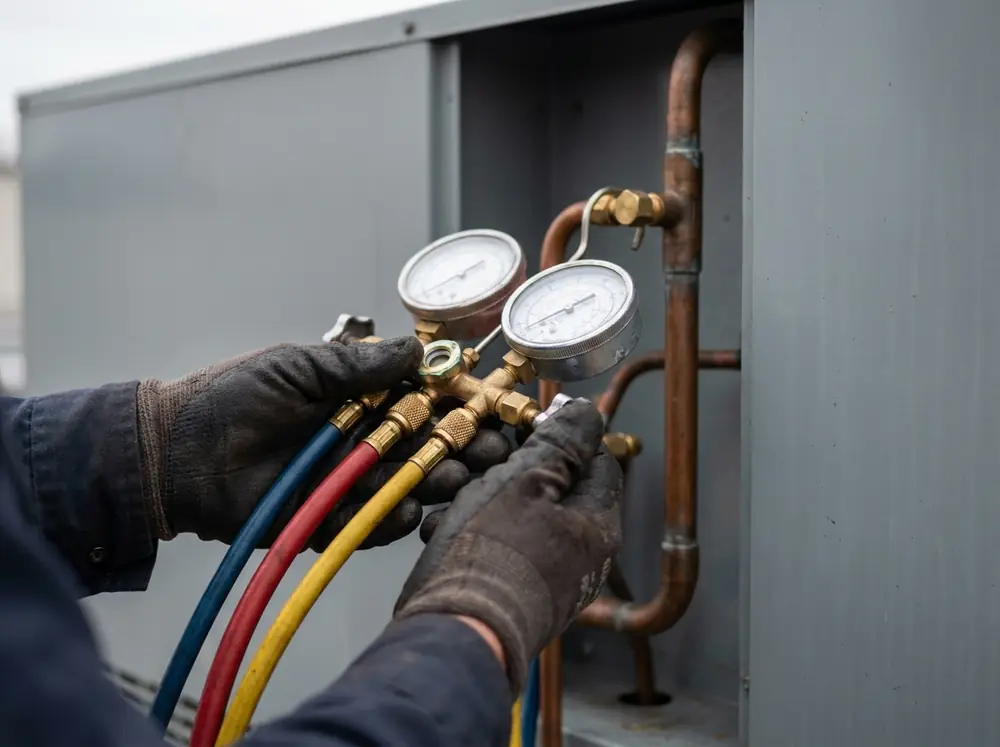 Gloved hands holding a refrigerant gauge manifold connected to a condensing unit