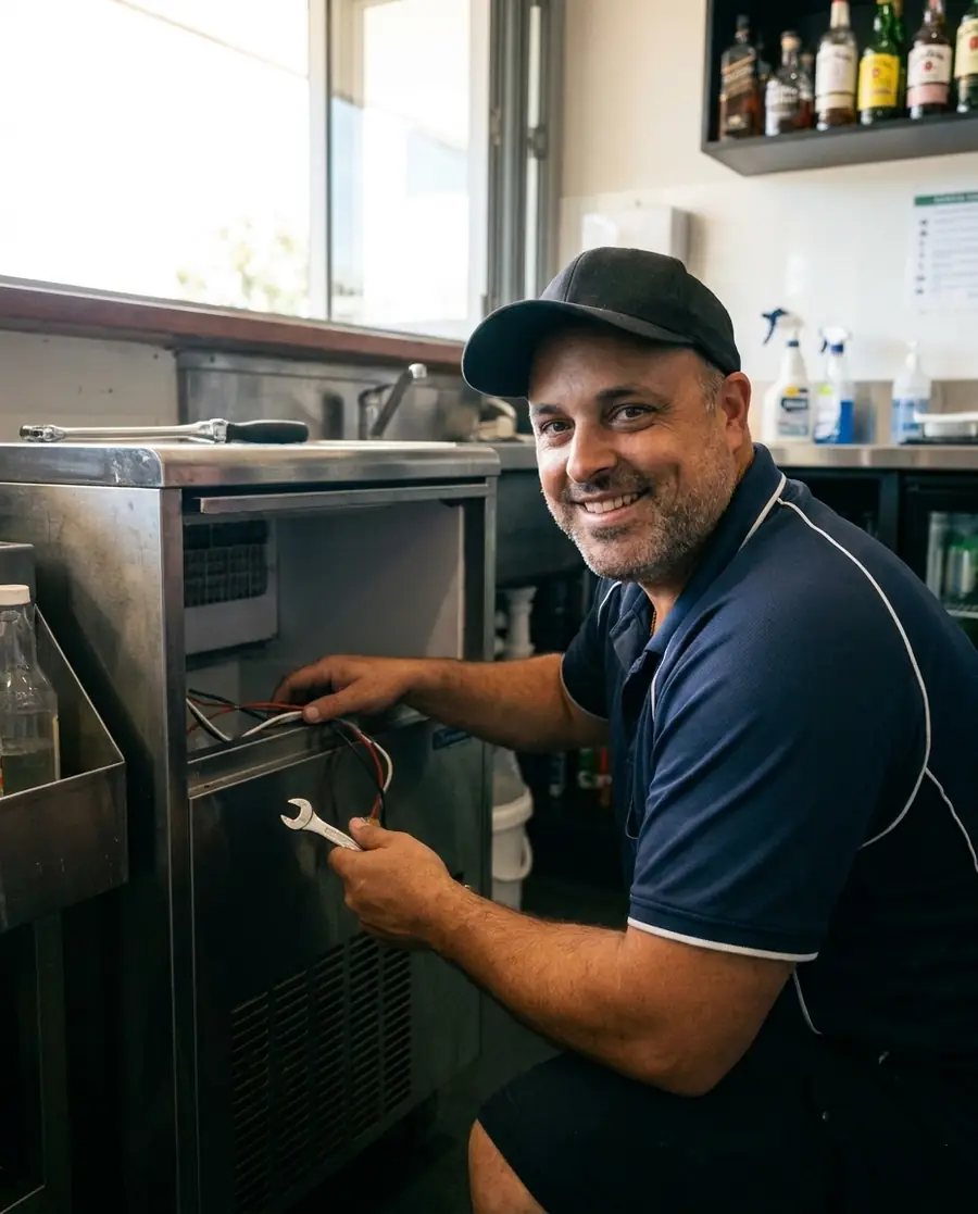 Sam Celesti working on a commercial ice machine
