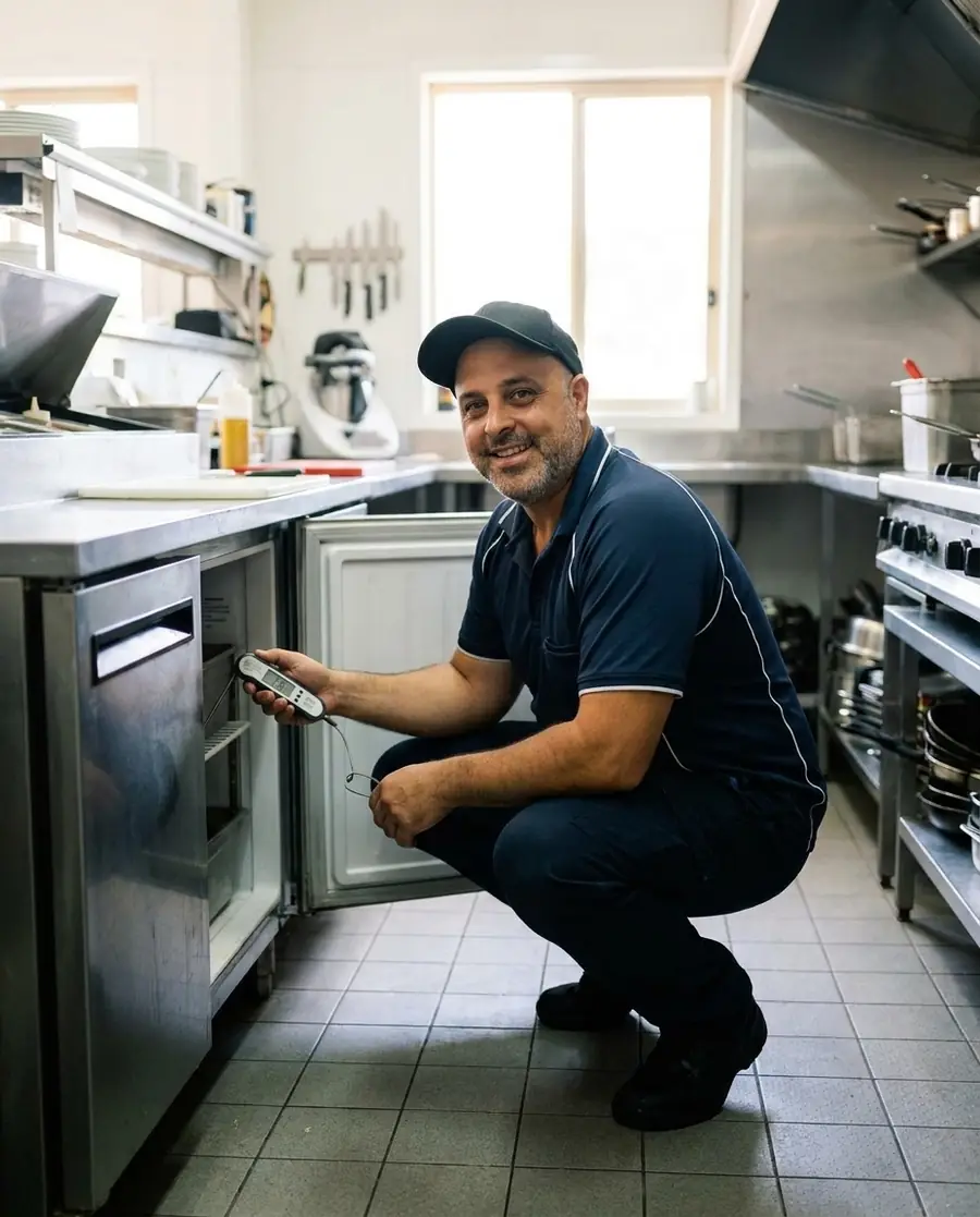 Sam Celesti checking an underbench fridge in a restaurant kitchen