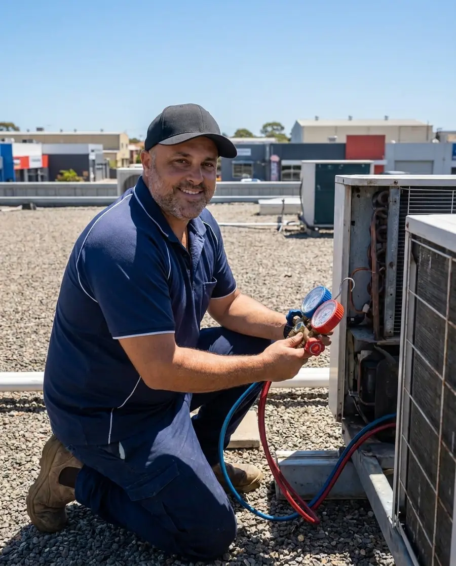 Sam working on rooftop refrigeration plant