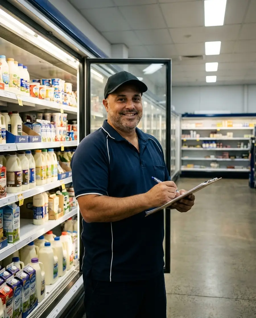 Sam Celesti beside a supermarket dairy cabinet